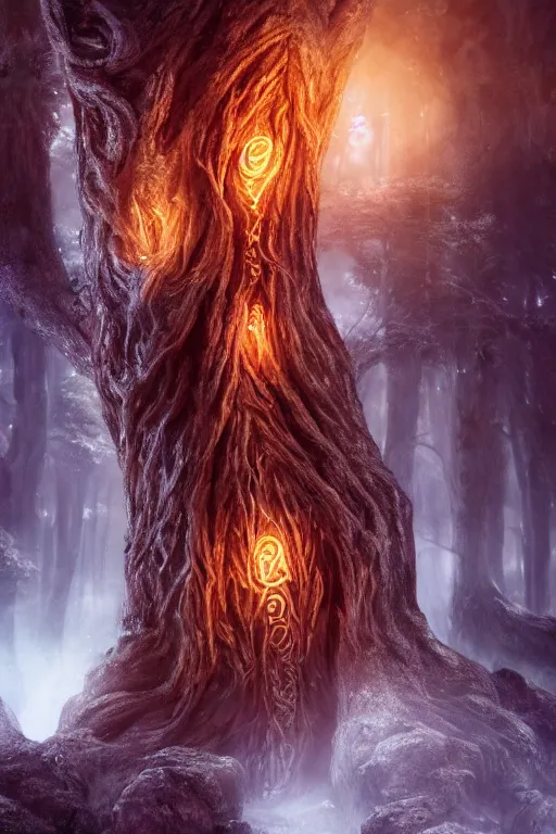 Image similar to Glowing elven runes carved into a magic tree, dramatic lighting, cinematic, establishing shot, extremely high detail, foto realistic, cinematic lighting, post processed, concept art, high details, cinematic, 8k resolution, beautiful detailed, photorealistic, digital painting, artstation, concept art, smooth, sharp focus, artstation trending, octane render, unreal engine