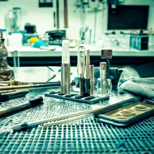 Prompt: A close-up shot of a metal table with laboratory tools and materials in an abandoned biopunk laboratory,