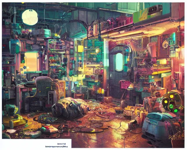 Image similar to IKEA catalogue photo of a cyberpunk shed, by Paul Lehr