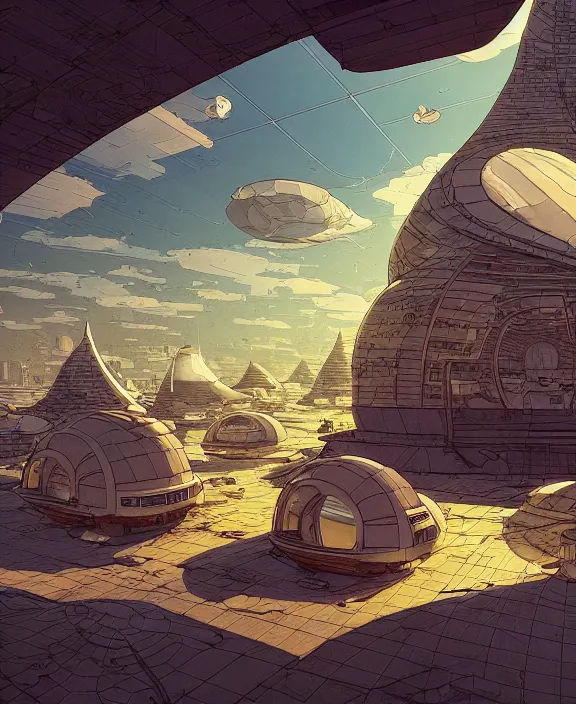 Image similar to simplicity, three buildings made out of nautilus, in the style of a spaceship, partly cloudy, dramatic lighting, by geof darrow, bill sienkiewicz, dan mumford, yusuke murata, makoto shinkai, ross tran, cinematic, unreal engine, cel shaded, featured on artstation, pixiv