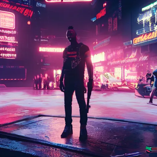 Image similar to 2 1 savage preforming on a stage in front of a crowd in cyberpunk 2 0 7 7, gameplay screenshot, detailed