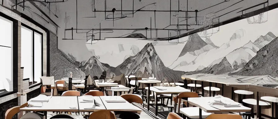 Image similar to a beautiful interior view illustration of a small roasted string hotpot restaurant of baota mountain in yan'an city, restaurant wall paper is tower and mountain, rectangle white porcelain table, black chair, animation illustrative style, from china, simple style structure decoration design, victo ngai, james jean, 4 k hd