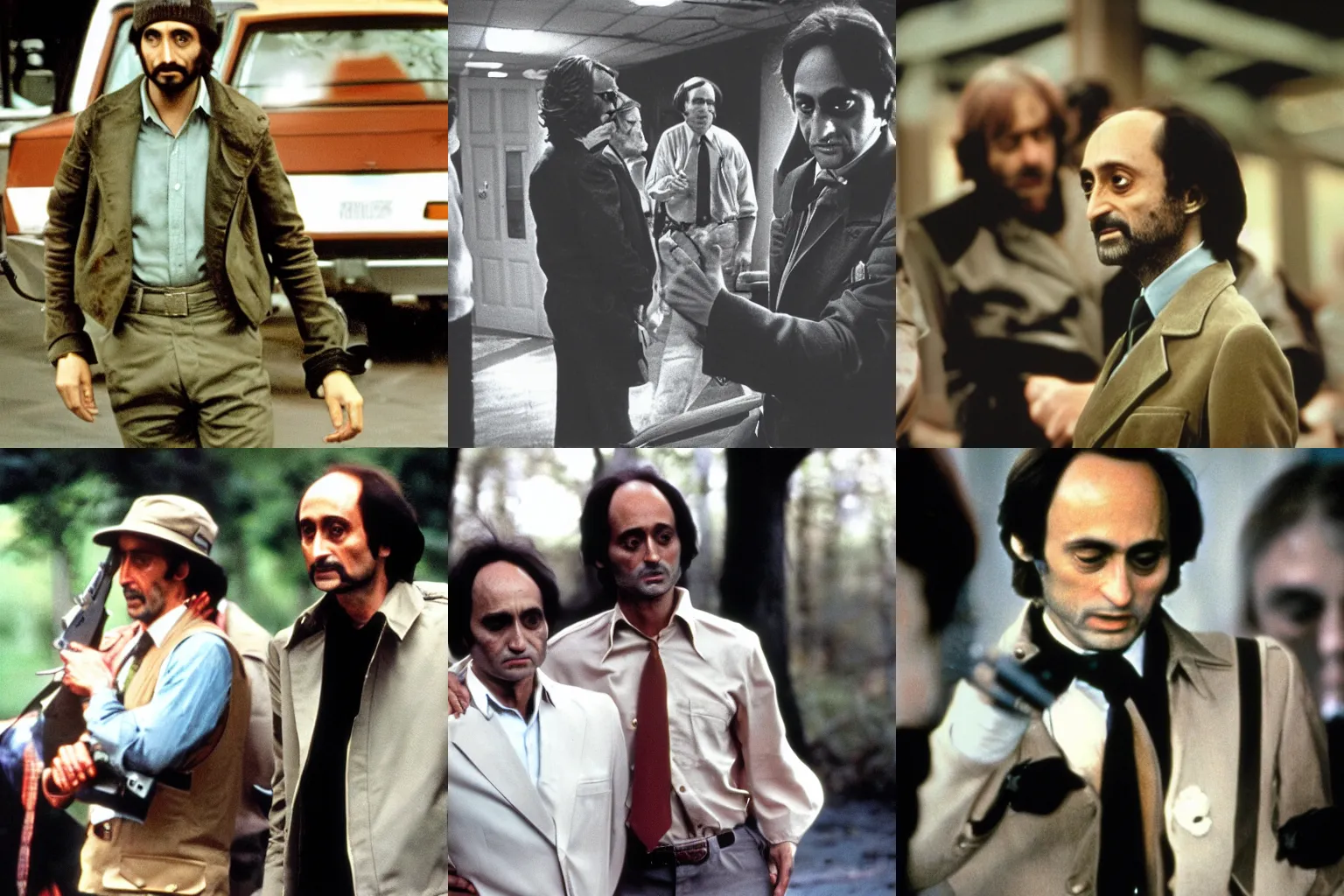 Prompt: The Deer Hunter behind the scenes with John Cazale, full color production photograph from 1979