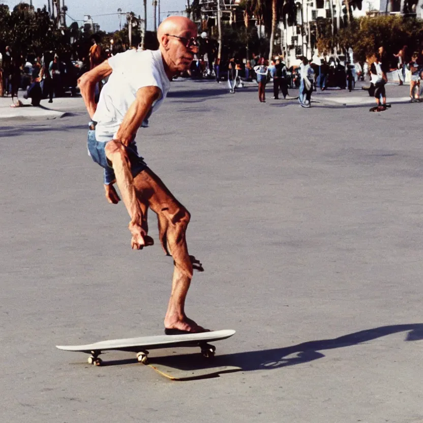 Image similar to Michel Foucault skateboarding at Venice Beach, 1980 street photography color