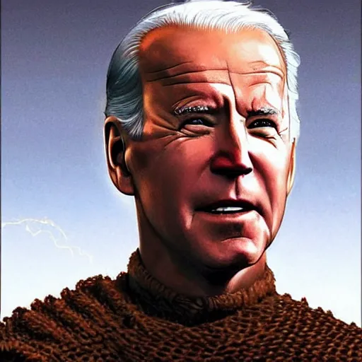 Prompt: joe biden as a photorealistic fremen Dune, shai hulud, freman, shai-hulud, artstation hall of fame gallery, editors choice, #1 digital painting of all time, most beautiful image ever created, emotionally evocative, greatest art ever made, magnum opus masterpiece, movie poster, 4k, highly detailed, cinematic lighting