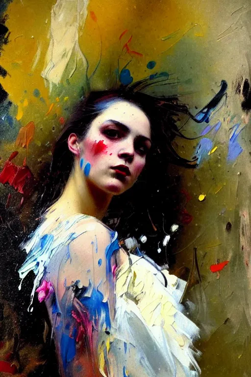 Image similar to impressionist brushstrokes spatter drips!!!! solomon joseph solomon and richard schmid and jeremy lipking victorian loose genre loose painting full length portrait painting of a young beautiful woman punk rocker