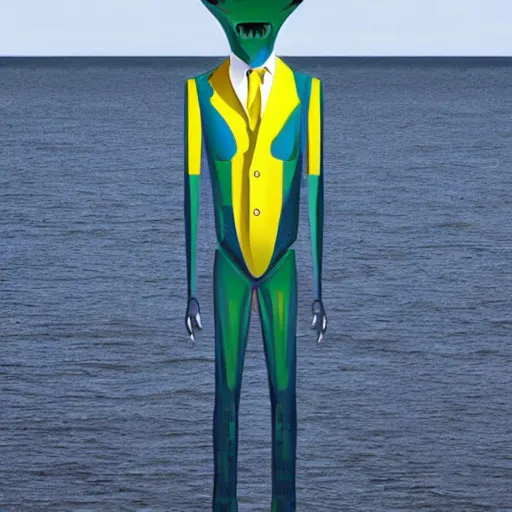 Prompt: an humanoid alien, blue, tall with yellow eyes wearing a suit made out of opaque glass standing at the shore