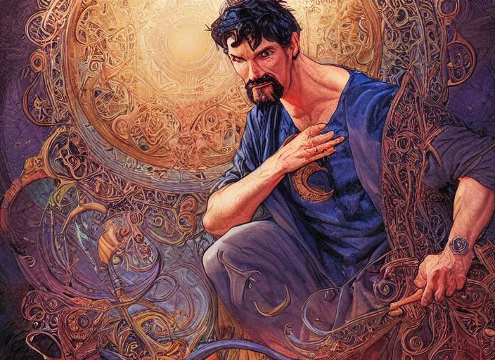 Prompt: a highly detailed mystical portrait of stephen strange, james gurney, james jean