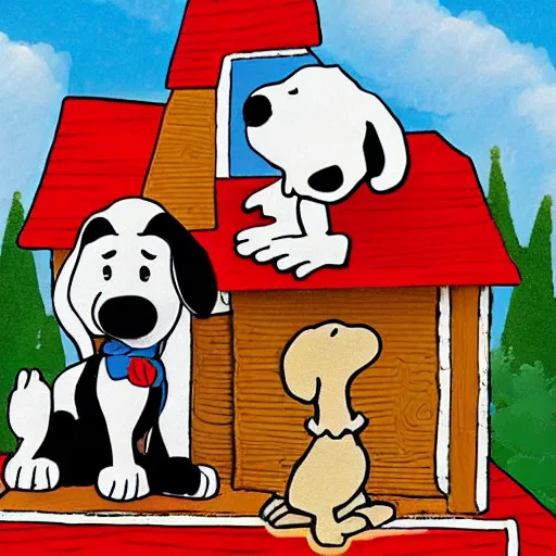 Image similar to snoop dog lying on top of snoopy's dog house, high detail