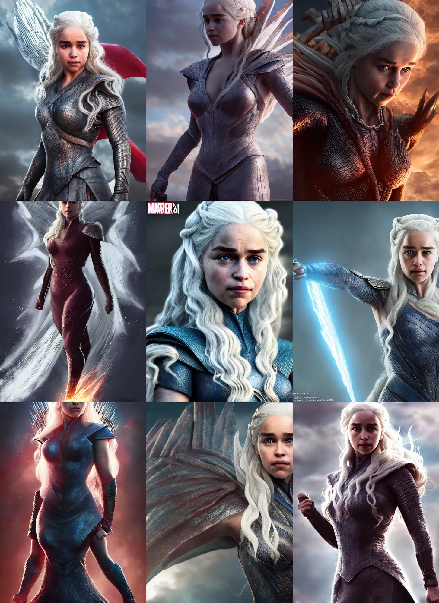 Prompt: daenerys as a marvel superhero, hyper detailed, digital art, trending in artstation, cinematic lighting, studio quality, smooth render, unreal engine 5 rendered, octane rendered