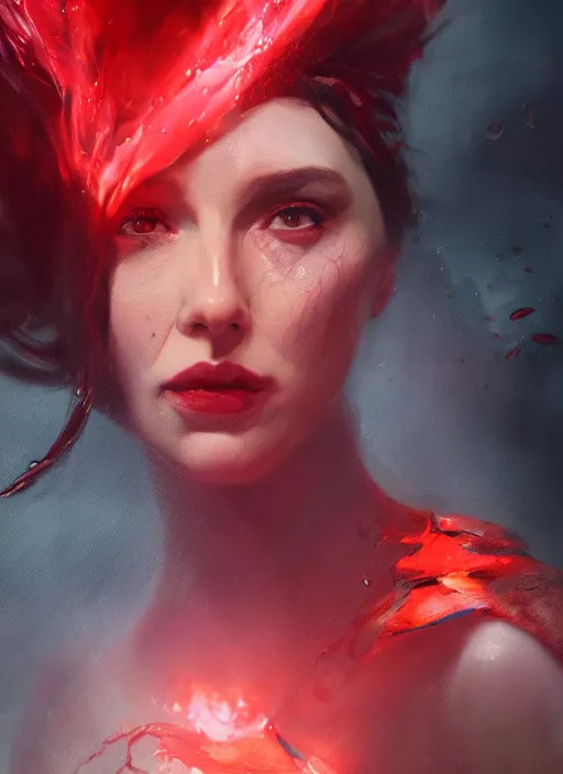 Image similar to A fancy portrait of the Scarlet Witch with her head submerged in water by Greg Rutkowski, Sung Choi, Mitchell Mohrhauser, Maciej Kuciara, Johnson Ting, Maxim Verehin, Peter Konig, Bloodborne, 8k photorealistic, cinematic lighting, HD, high details, dramatic, atmospheric , trending on artstation