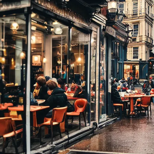 Image similar to busy cafe in a rainy victorian city