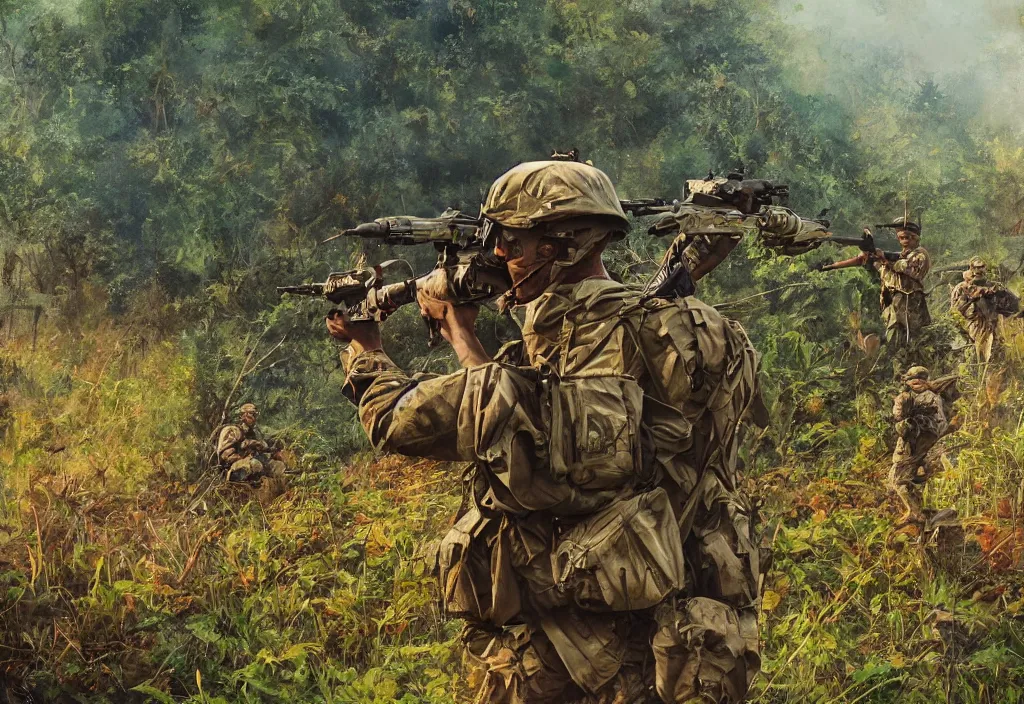 Prompt: one USA soldier at 1960 is watching at the jungle in the Vietnam war, dynamic composition, cinematic lighting, warm and vibrant colors, in the style of stefan kostic, 8k, trending on artstation, hyper detailed, cinematic