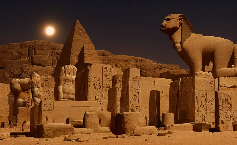 Image similar to a cinematic scene of egyptian gods with animal heads, having a ceremony in a moonlit temple in karnak