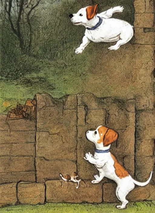 Image similar to jack russel terrier jumping on brick fence, illustrated by peggy fortnum and beatrix potter and sir john tenniel