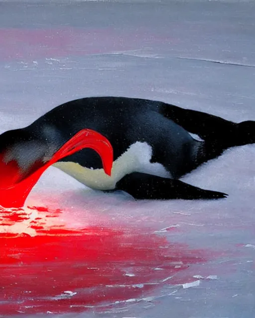 Prompt: a penguin sliding on the ice floe, red lighting, oil painting, art by ruan jia