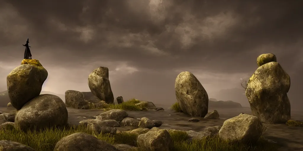 Image similar to photorealistic strange dark monks perform a ritual. magical symbols float above them. epic landscape with magically floating rocks, with ominous storm clouds, strange levitating stones, stones falling from the sky, a gentle rising mist. occult photorealism, uhd, amazing depth, glowing, golden ratio, 3 d octane cycle unreal engine 5, volumetric lighting, cinematic lighting, alphonse mucha