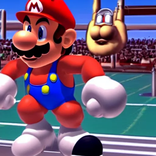 Prompt: Mario as a body builder in a weight lifting competition, extremely muscular, steroids, veins popping out, lifting a massively oversized weight, a crowd is cheering in the background. Next to Mario is a very skinny and weak looking Luigi, he is making a shocked face and is pointing at Mario.