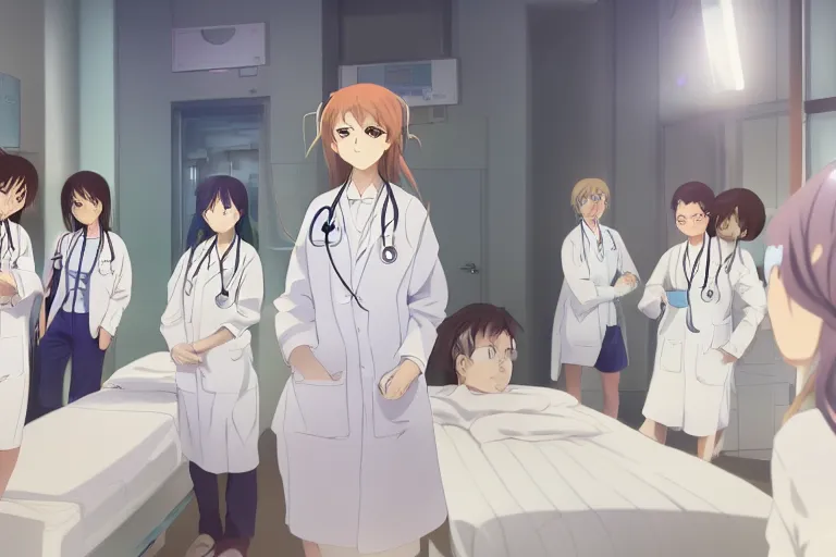 Image similar to a cute young female doctor wearing white coat are leading a group of doctors around a bed in hospital, slice of life anime, cinematic, lighting, 8kHDR, anime scenery by Makoto shinkai