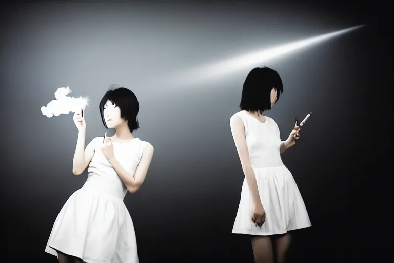 Prompt: photography masterpiece by haruto hoshi and yang seung woo, flash photography, portrait of a young japanese woman in a white dress smoking a cigarette in a cabaret night club, shot on a canon 5 d mark iii with a 3 5 mm lens aperture f / 5. 6, dslr, hd, full res, 4 k