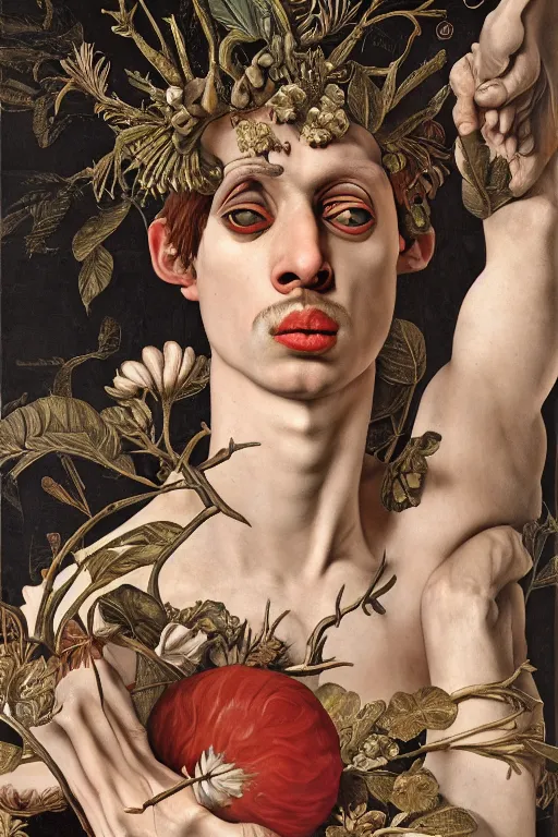 Image similar to Detailed maximalist portrait a Greek god with large lips and with large white eyes, exasperated expression, fleshy skeletal, botany, HD mixed media 3d collage, highly detailed and intricate, surreal illustration in the style of Caravaggio, dark art, baroque