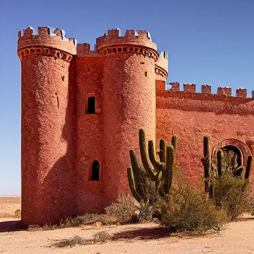 Prompt: an abandoned castle in the desert draped in red silk