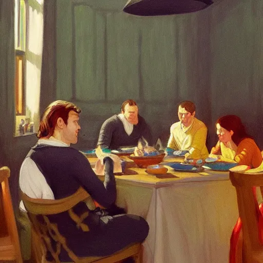 Prompt: ultra-detailed painting of the Fellowship of the Ring meeting at Elrond's house in the style of Edward Hopper