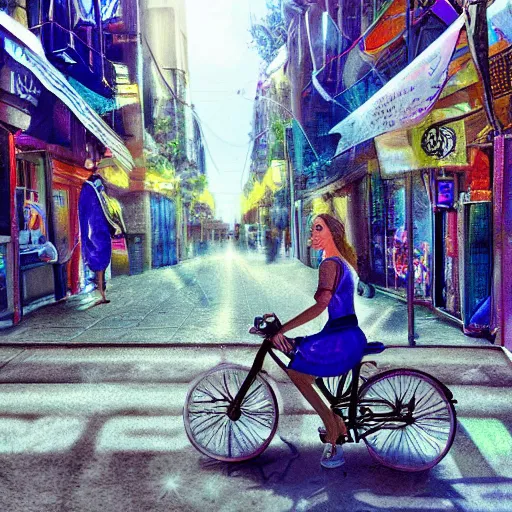 Prompt: one unicorn riding a bike in the tel aviv streets, vivid, digital art, artstation, 8 k