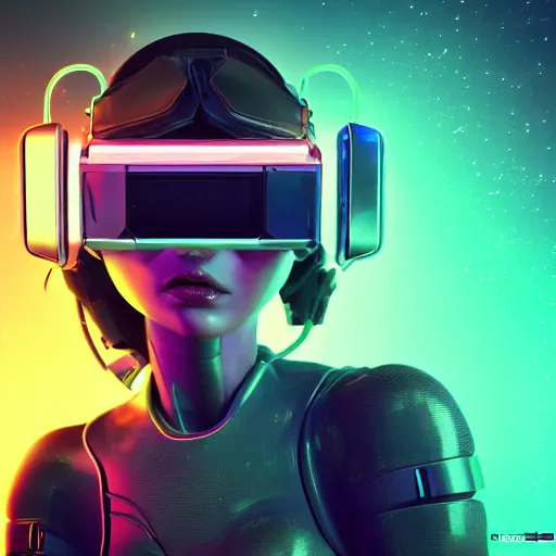 Image similar to cyberpunk concept cool girl cyborg bot, cinema 4 d, galaxy, ufo, space sci - fi, wearing vr goggles, illustration, portrait, pastel neon textured background night, trending on artstation, greg rutkowski, octane rendered, 1 2 k, detailed,