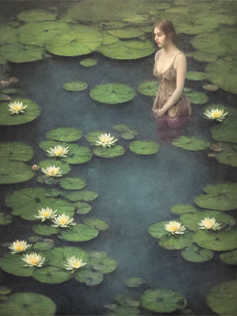 Prompt: detailed cinematic moody colors studio a victorian pond, water lilies, ofelia inspired high quality by jeremy mann, only one head single portrait