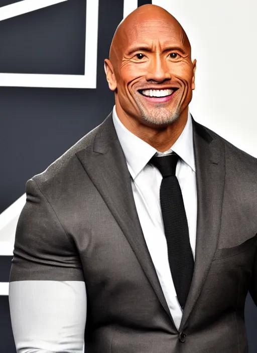 Prompt: a photograph of Dwayne Johnson with an inhumanly wide smile, looking in two directions