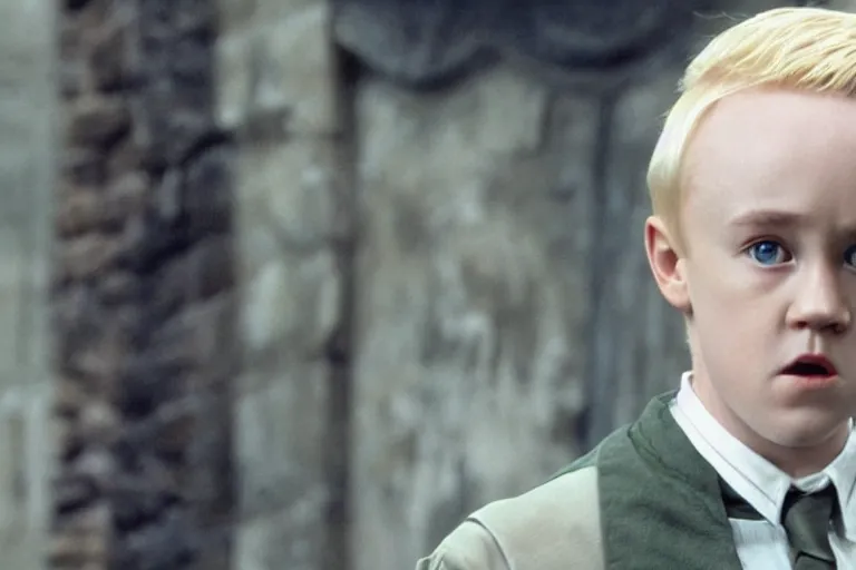 Prompt: film still Haley Joel Osment as Draco Malfoy wearing hogwarts uniform in Harry Potter movie