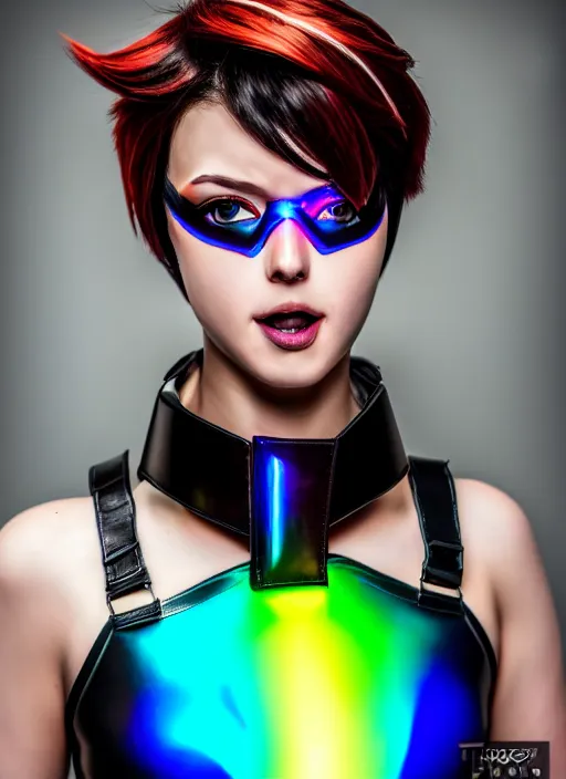 Image similar to realistic photo portrait of tracer overwatch, confident pose, wearing black iridescent rainbow latex, rainbow, neon, 4 k, expressive surprised expression, makeup, wearing detailed black leather collar, wearing sleek armor, studio lighting, black leather harness, expressive detailed face and eyes,