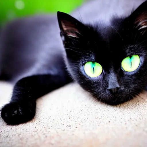 Image similar to black kitten with! beautiful green eyes! laying on it ‘ s back showing it ‘ s fluffy belly while looking at the camera, photorealistic, anatomically correct, defined face, sharp focus, 4 k, beautiful,