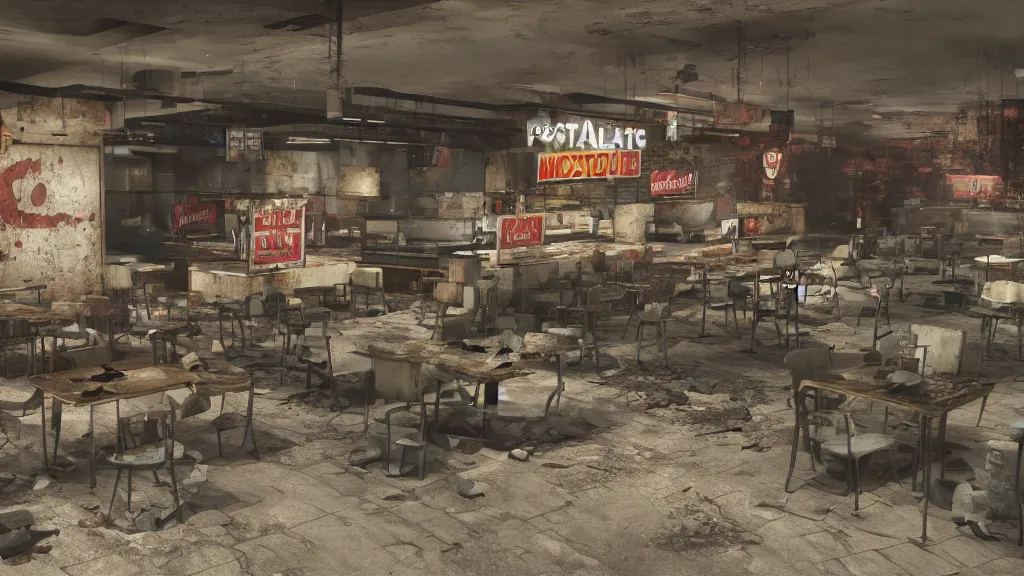 Image similar to post apocalyptic McDonalds, fallout, wasteland, octane render, 8k