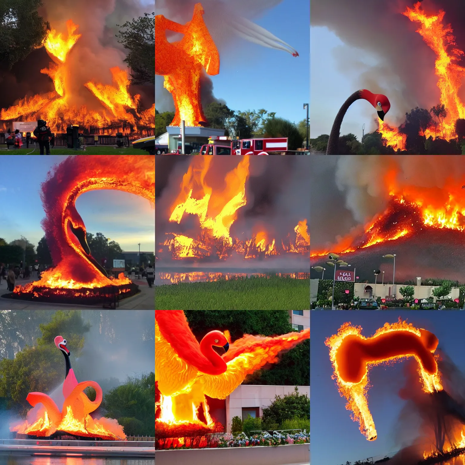 Prompt: massive fire explosion in the shape of a flamingo, pixar