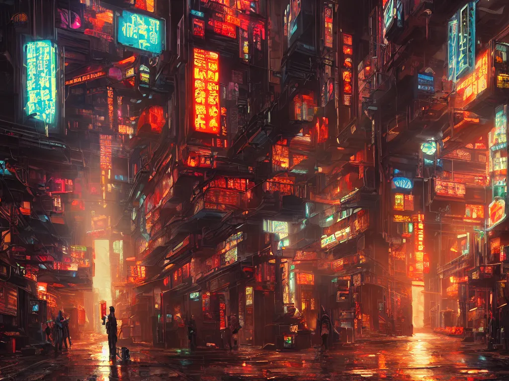 Prompt: realistic painting of a complex, gritty alleyway of a cyberpunk city, piping, concept art, television ads, neon tube signs, technological screens, cyberpunk style, cyberpunk ads, hieroglyphic signs, computation, intricate detail, noriyoshi ohrai and edward hopper, realism, trending on artstation