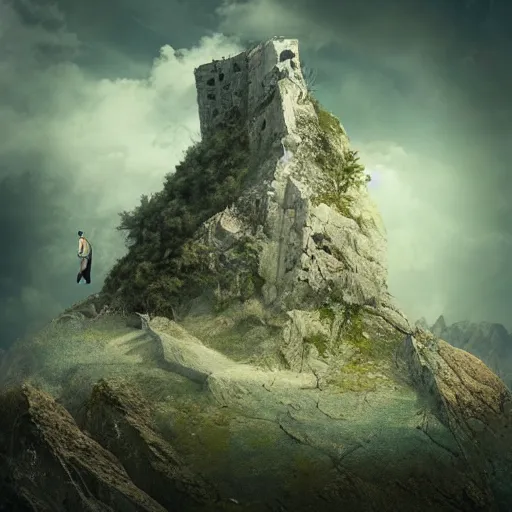 Prompt: ruined t-shaped skyscraper on top of mountain, by Amandine Van Ray, cloudy, dreamy, fantasy