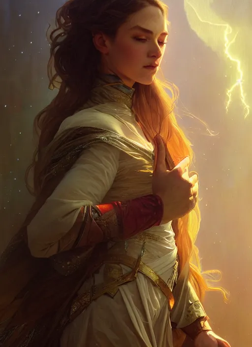 Image similar to person made of lightnings, depth of field, fantasy, medieval wear, intricate, elegant, highly detailed, digital painting, artstation, concept art, smooth, sharp focus, illustration, art by artgerm and greg rutkowski, reimagined by alphonse mucha