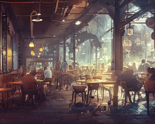 Prompt: a man sitting at a table in a cozy relaxed cafe, looking out at the bustling underbelly of a thriving steampunk city by james paick, trending on cgsociety, unreal engine, 4 k wallpaper