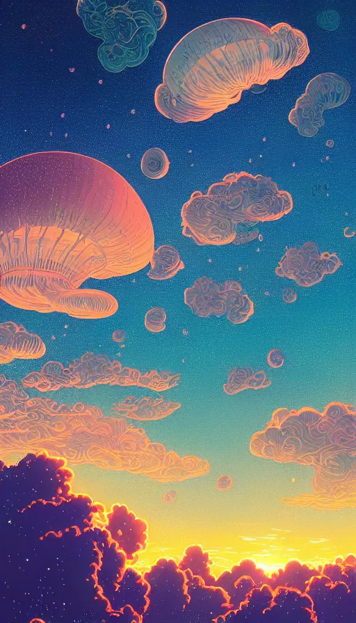 Image similar to little luminous jellyfishes floating on cosmic cloudscape at sunset, futurism, dan mumford, victo ngai, kilian eng, da vinci, josan gonzalez