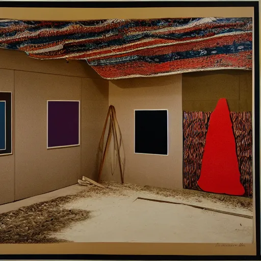 Image similar to a photographic three color screen print of an exhibition room with an arrangement of elements, anthropological conceptual object, tribalism, animism, grain, shades