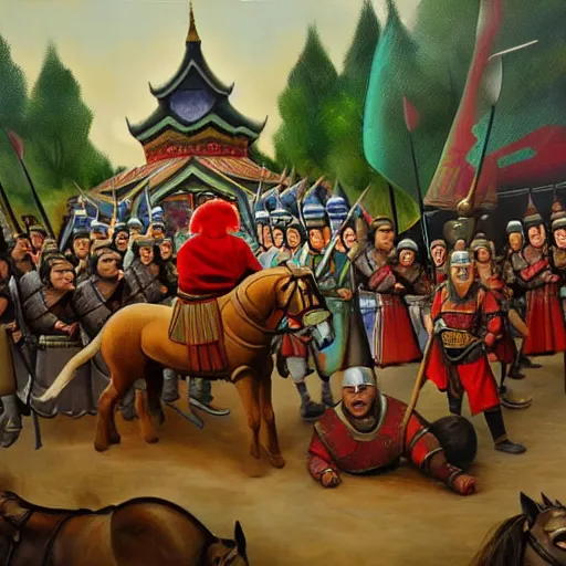 Image similar to genghis khan and his mongol horde ransacking modern day efteling, oil on canvas