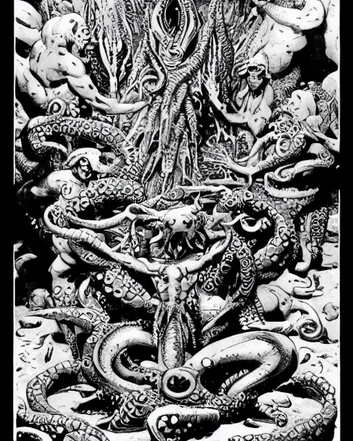 Prompt: a group of fishmen worship a statue of cthulu in a large water - filled cavern. black and white line art, drawn by mike mignola, moebius, peter mullen.