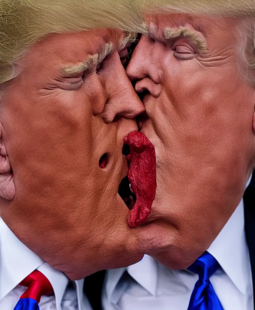 Prompt: a high resolution portrait of donald trump kissing donald trump. hq 8 k.