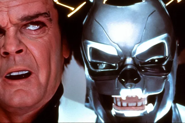 Image similar to Jack Nicholson in costume of Pikachu Terminator, scene where his endoskeleton gets exposed and his eye glows red, still from the film