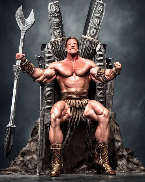 Image similar to arnold schwarzenegger as king conan, directed by john millius, photorealistic, sitting on a metal throne, wearing ancient cimmerian armor, a battle axe to his side, cinematic photoshoot in the style of annie leibovitz, studio lighting