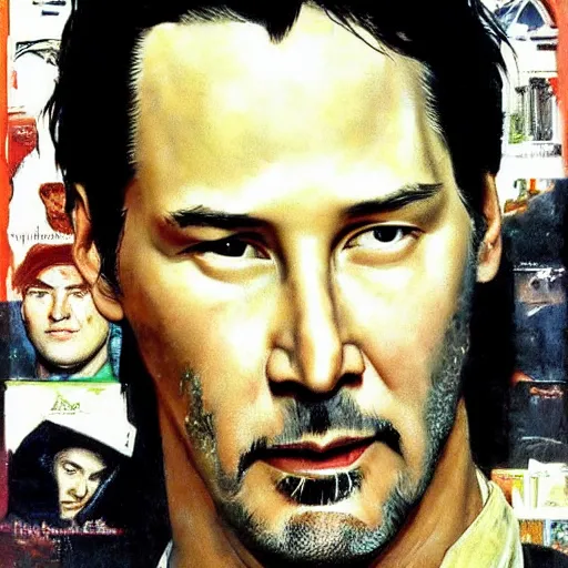 Prompt: keanu reeves portrait art by norman rockwell