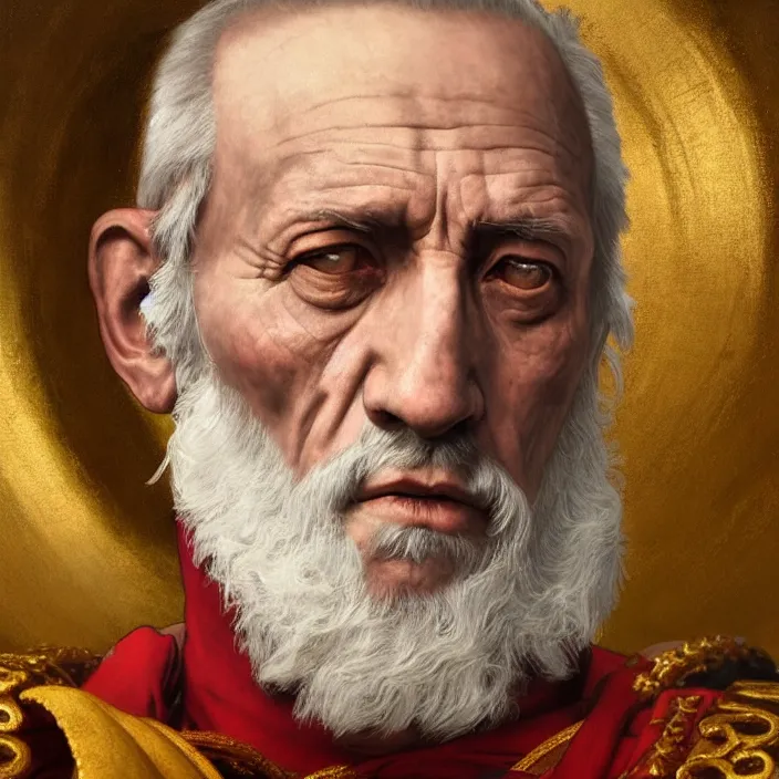 Prompt: excellent painted portrait of the last emperor of rome the ancient caesar invictus, high quality masterpiece painting with detailed face, 4k, trending on artstation, octane render, art by artgerm and greg rutkowski and alphonse mucha and craig mullins and James Jean and Andrei Riabovitchev and Marc Simonetti and peter mohrbacher