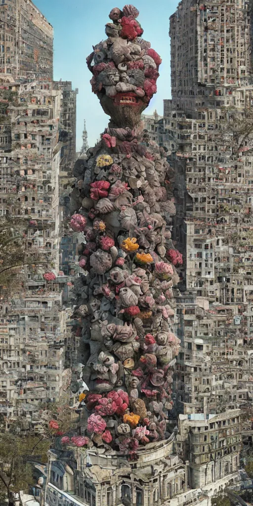 Image similar to colossal grotesque flower proletariat statue made from Lenin heads in the middle of abandoned early soviet constructivist cityscape, Stalinist architecture, ultradetailed by Hayao Miyazaki and Josan Gonzalez and Makoto Shinkai and Giuseppe Arcimboldo and Wes Anderson